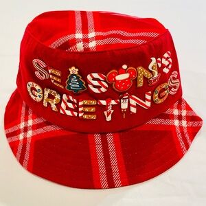Spirit Jerseys Disney Holiday Bucket Hat Adults One Size Red Plaid Christmas